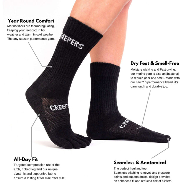 creepers socks features and benefits of crew length merino toe socks